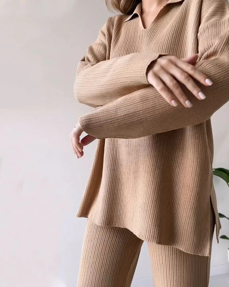 Knitted Co-Ord | Long Sleeve | Ribbed | Knit Lounge Set | Women's Loungewear-Fashion Nora