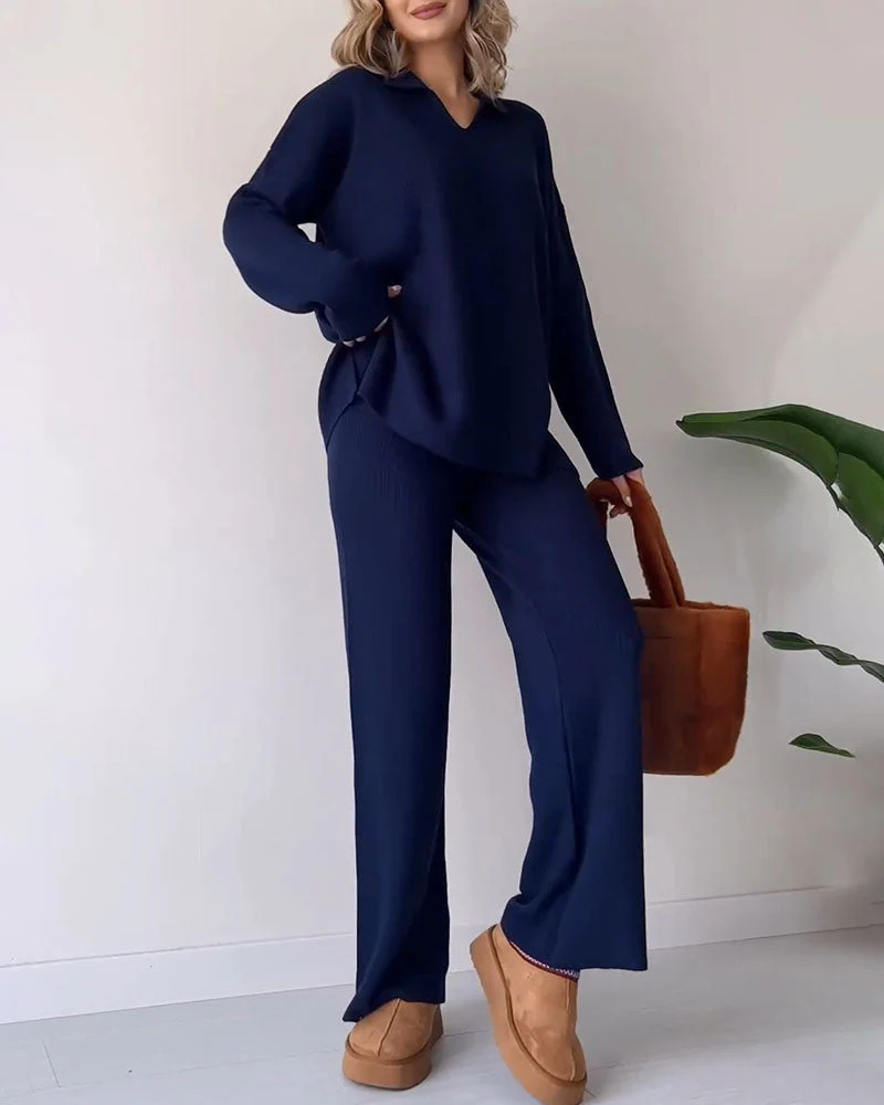 Knitted Co-Ord | Long Sleeve | Ribbed | Knit Lounge Set | Women's Loungewear-Fashion Nora