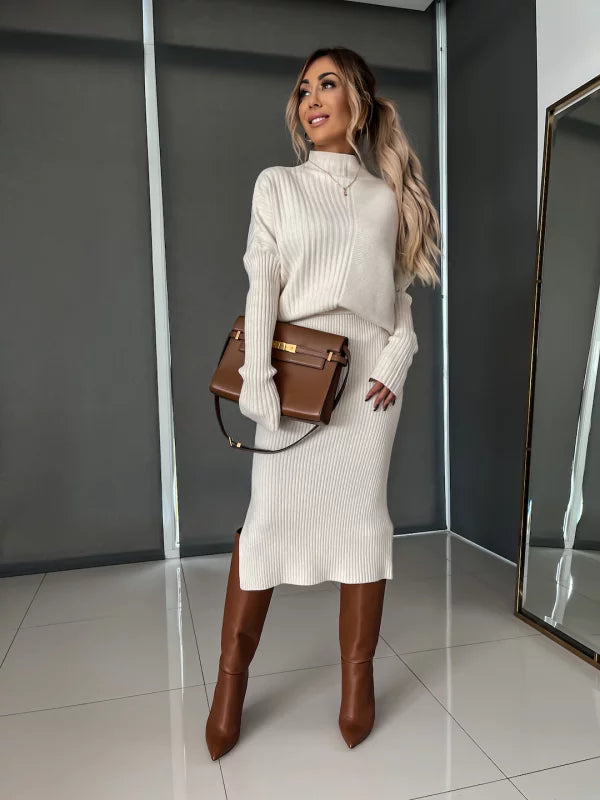 Knitted Co-Ord - Women's Midi Skirt and Knit Sweater Two-Piece Set-Fashion Nora