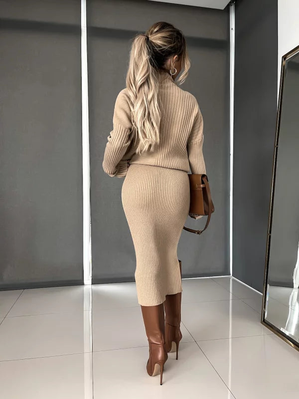Knitted Co-Ord - Women's Midi Skirt and Knit Sweater Two-Piece Set-Fashion Nora