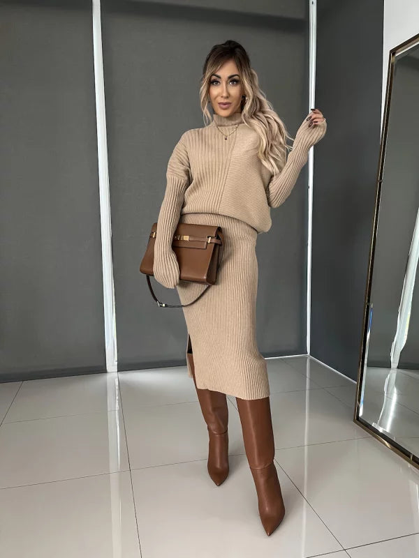 Knitted Co-Ord - Women's Midi Skirt and Knit Sweater Two-Piece Set-Fashion Nora