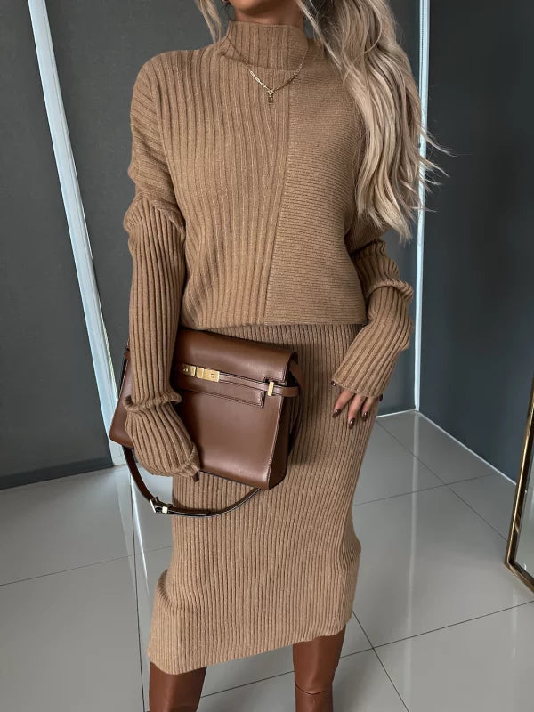 Knitted Co-Ord - Women's Midi Skirt and Knit Sweater Two-Piece Set-Fashion Nora
