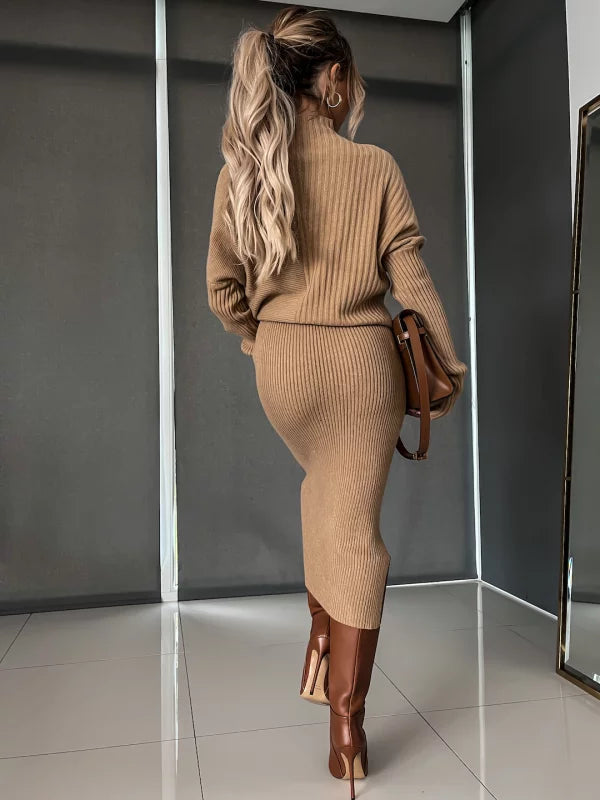 Knitted Co-Ord - Women's Midi Skirt and Knit Sweater Two-Piece Set-Fashion Nora