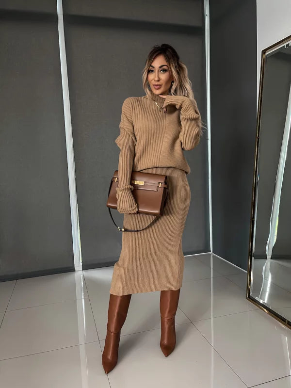 Knitted Co-Ord - Women's Midi Skirt and Knit Sweater Two-Piece Set-Fashion Nora