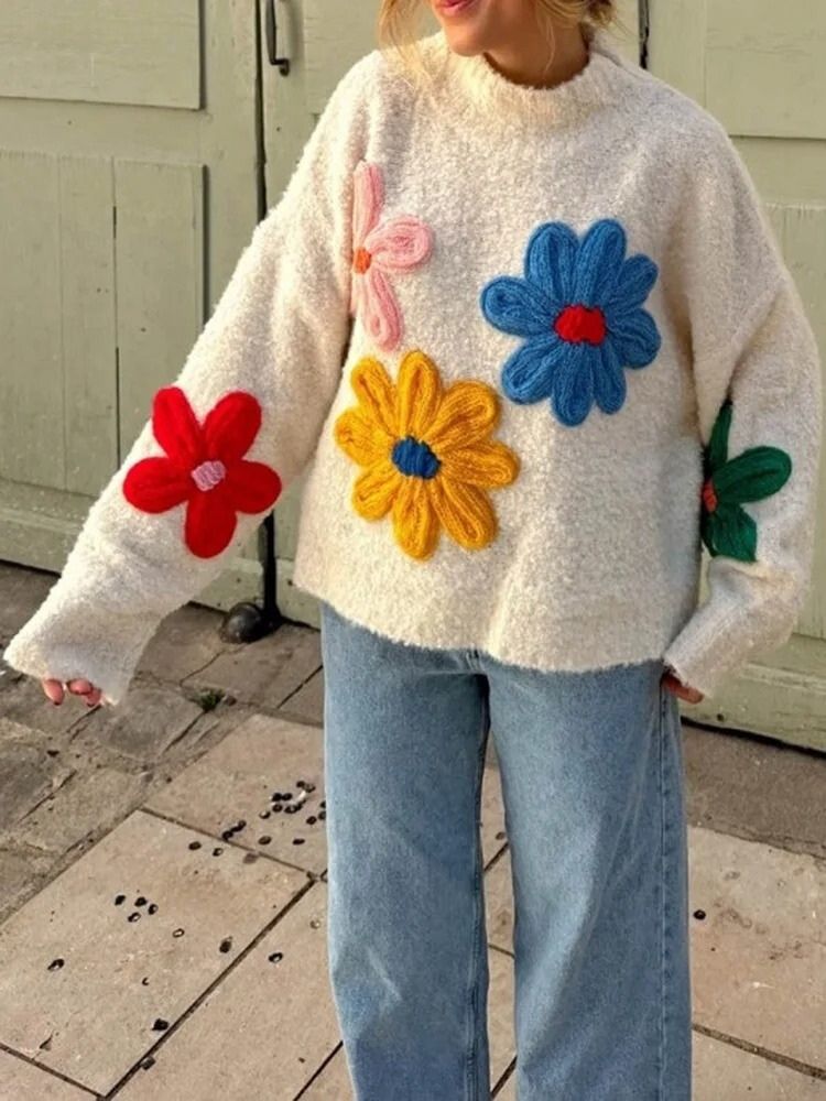 Knitted Jumper - Women's High Neck White Flower Sweater-Fashion Nora