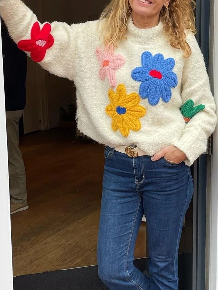 Knitted Jumper - Women's High Neck White Flower Sweater-Fashion Nora