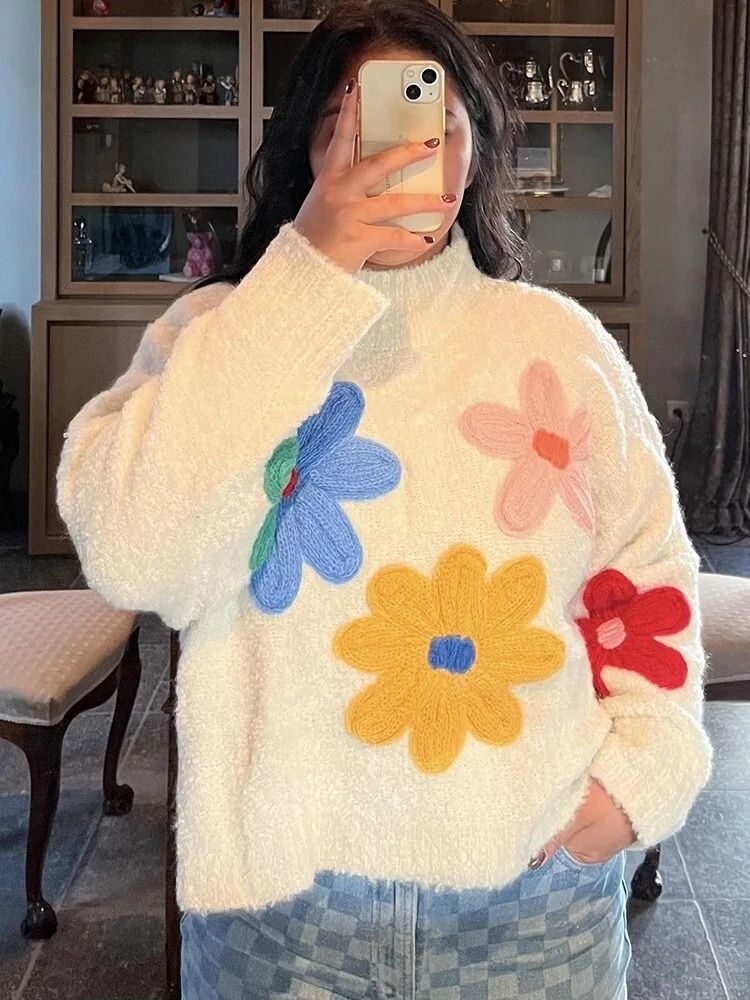 Knitted Jumper - Women's High Neck White Flower Sweater-Fashion Nora