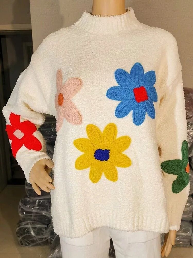 Knitted Jumper - Women's High Neck White Flower Sweater-Fashion Nora