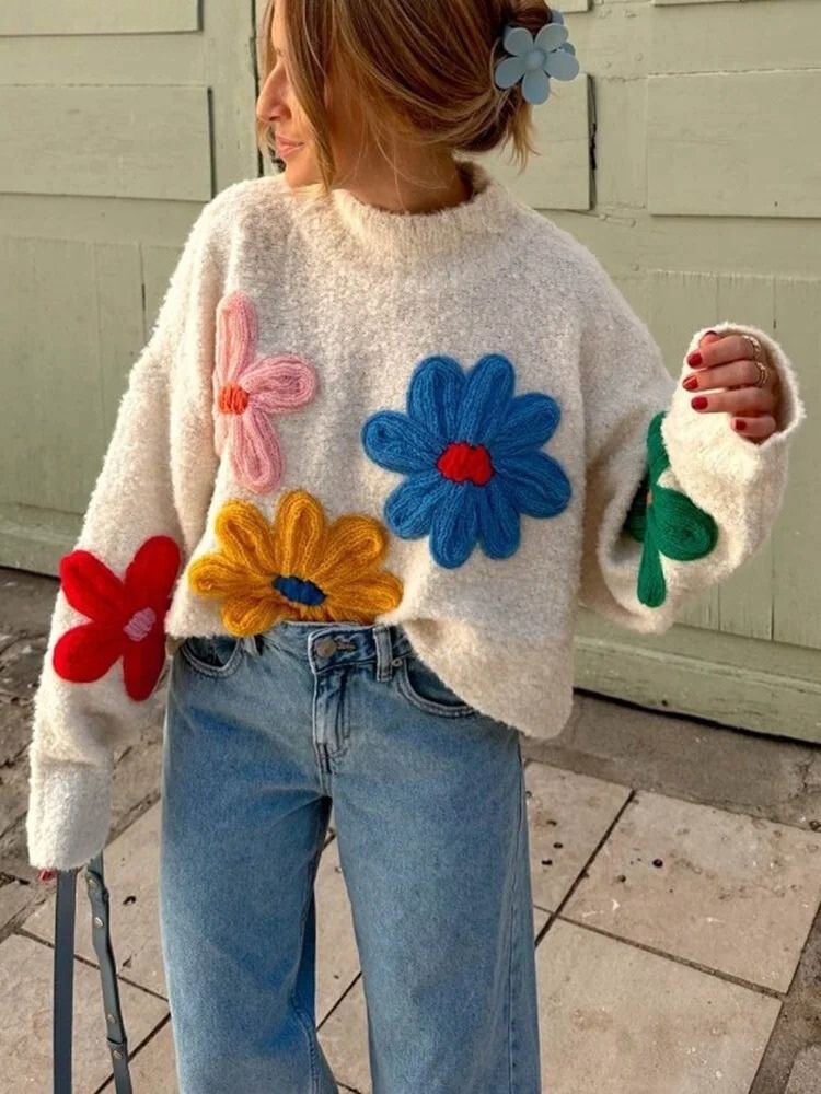 Knitted Jumper - Women's High Neck White Flower Sweater-Fashion Nora