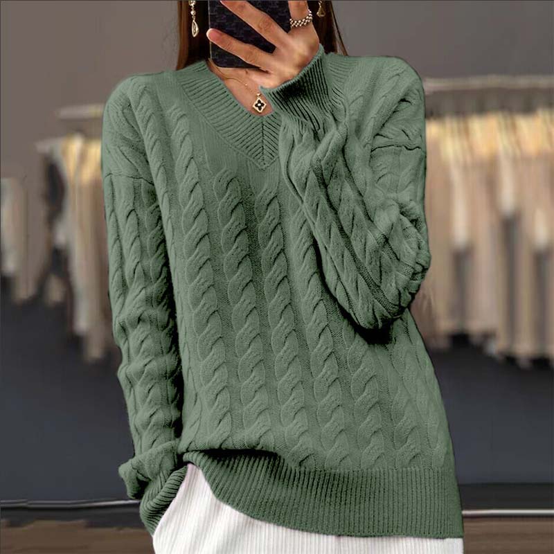 Knitted Sweater - V-Neck - Cable Knit - Knit Sweater - Women's Knitwear-Fashion Nora