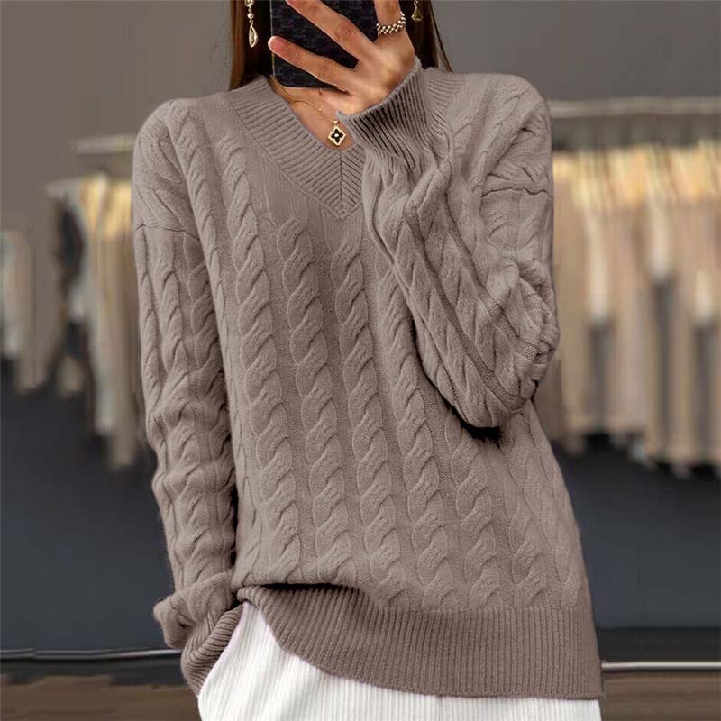Knitted Sweater - V-Neck - Cable Knit - Knit Sweater - Women's Knitwear-Fashion Nora