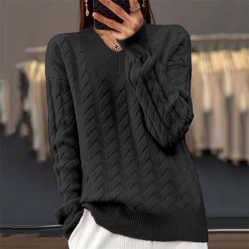 Knitted Sweater - V-Neck - Cable Knit - Knit Sweater - Women's Knitwear-Fashion Nora