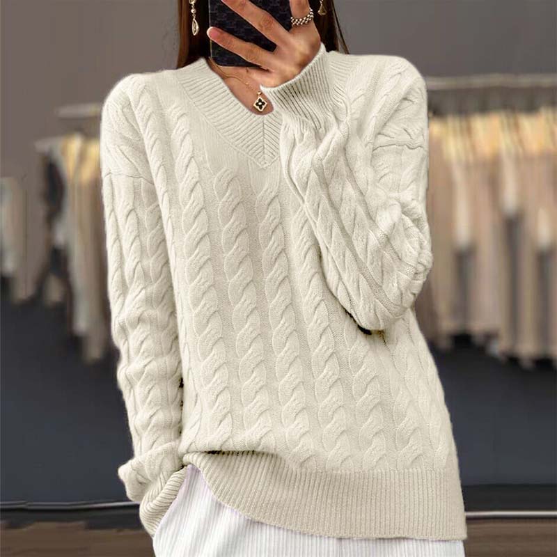 Knitted Sweater - V-Neck - Cable Knit - Knit Sweater - Women's Knitwear-Fashion Nora