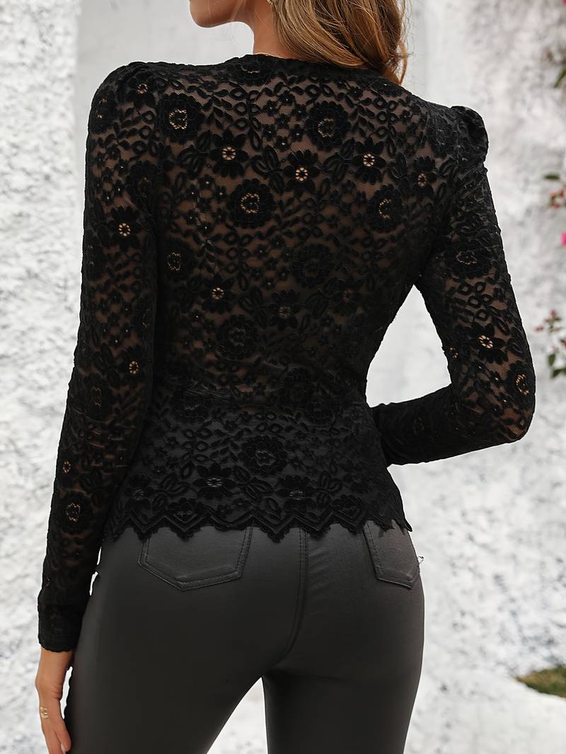 Lace Blouse | See Through | V-Neck | Long Sleeve Lace Top | Women's Clothing-Fashion Nora