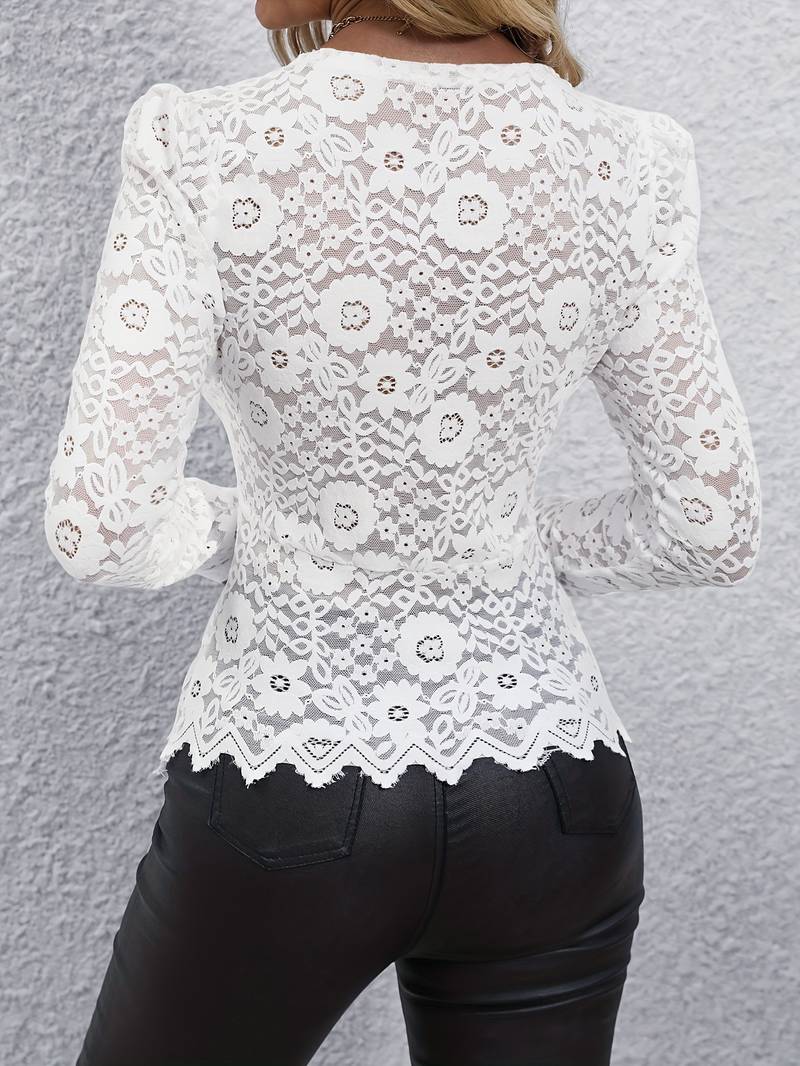 Lace Blouse | See Through | V-Neck | Long Sleeve Lace Top | Women's Clothing-Fashion Nora