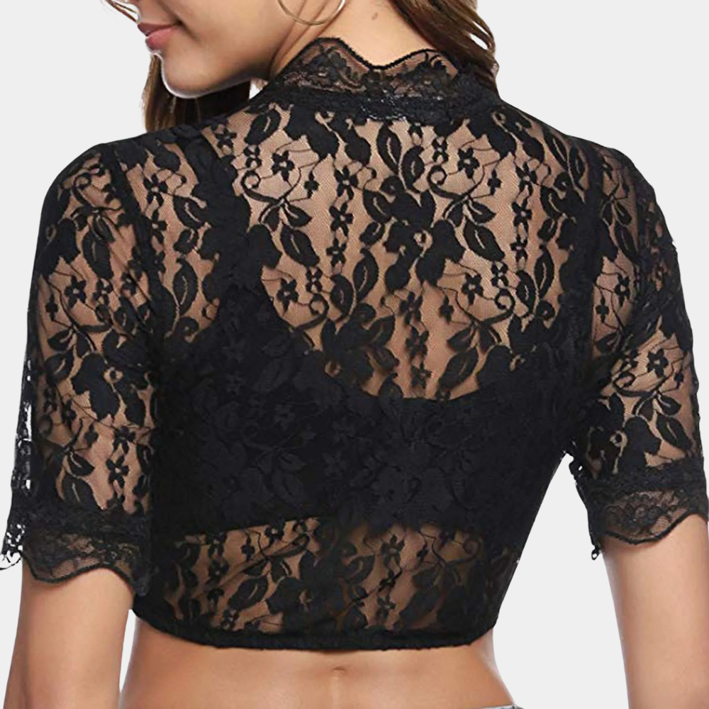 Lace Crop Top | V-Neck | Short Sleeve | Lace Blouse | Women's Clothing-Fashion Nora
