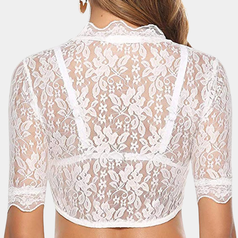 Lace Crop Top | V-Neck | Short Sleeve | Lace Blouse | Women's Clothing-Fashion Nora
