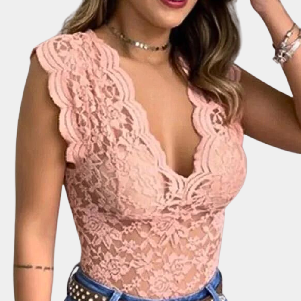 Lace Top | Slim Fit | V-Neck | Sleeveless Lace Top | Women's Clothing -Fashion Nora