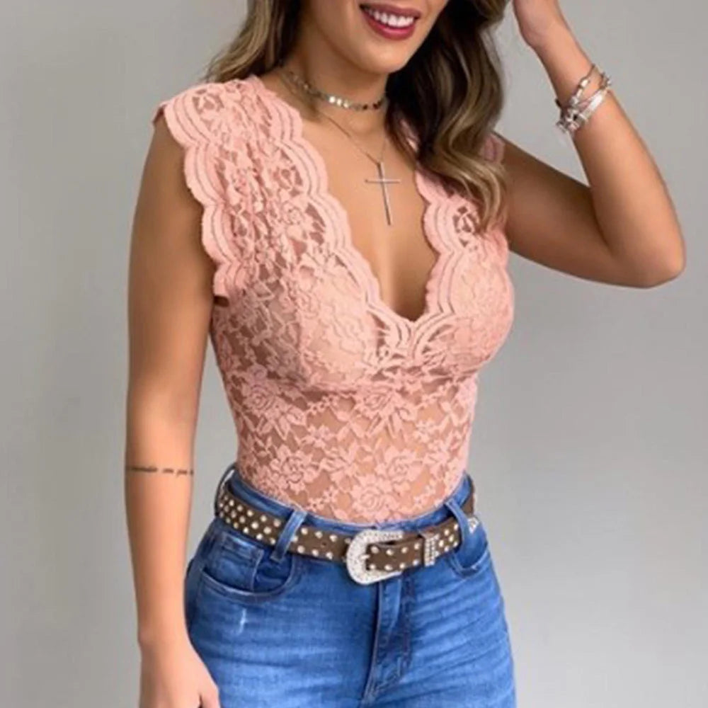 Lace Top - Women's Sleeveless See Through V-Neck Lace Top-Fashion Nora