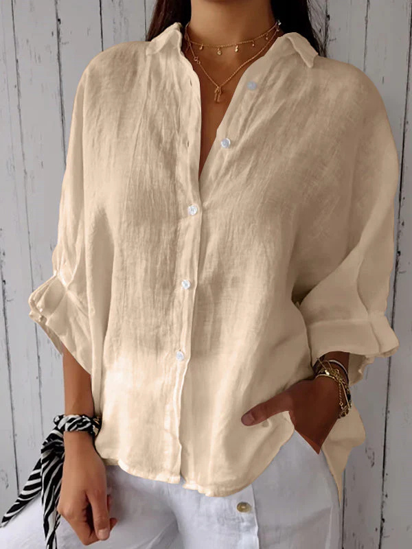 Ladies Linen Shirt - Long Sleeve Cotton Button-Up Shirt for Women-Fashion Nora