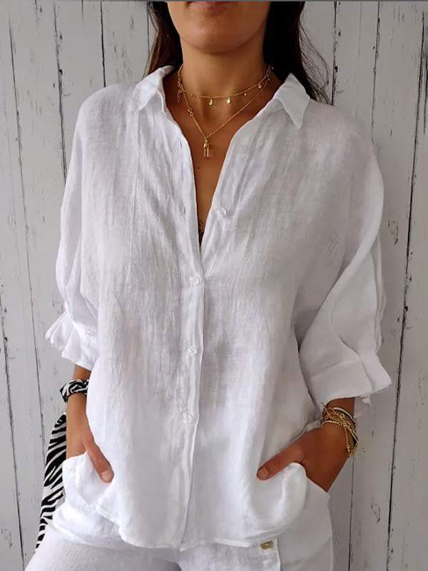 Ladies Linen Shirt - Long Sleeve Cotton Button-Up Shirt for Women-Fashion Nora