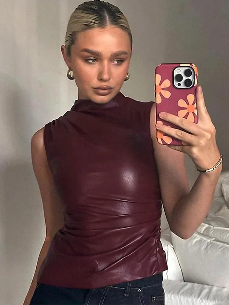 Leatherette Top - High Neck - Faux Leather - Sleeveless Top - Women's Clothing-Fashion Nora