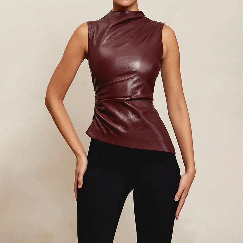 Leatherette Top - High Neck - Faux Leather - Sleeveless Top - Women's Clothing-Fashion Nora