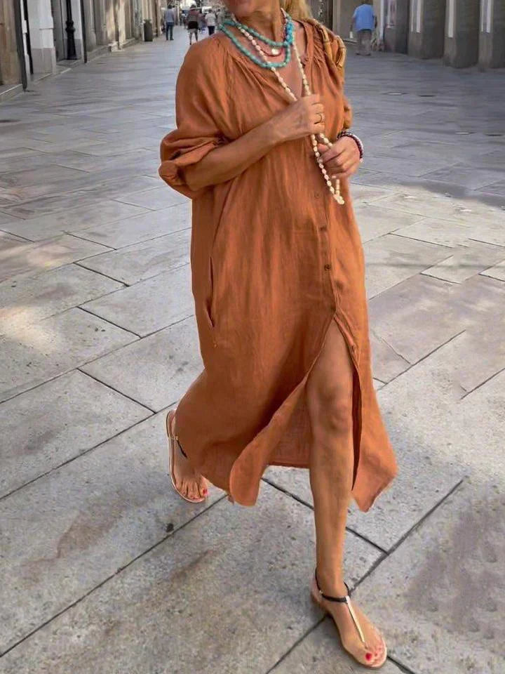 Linen Dress - Casual Long Sleeve Button-Up Maxi Shirt Dress-Fashion Nora
