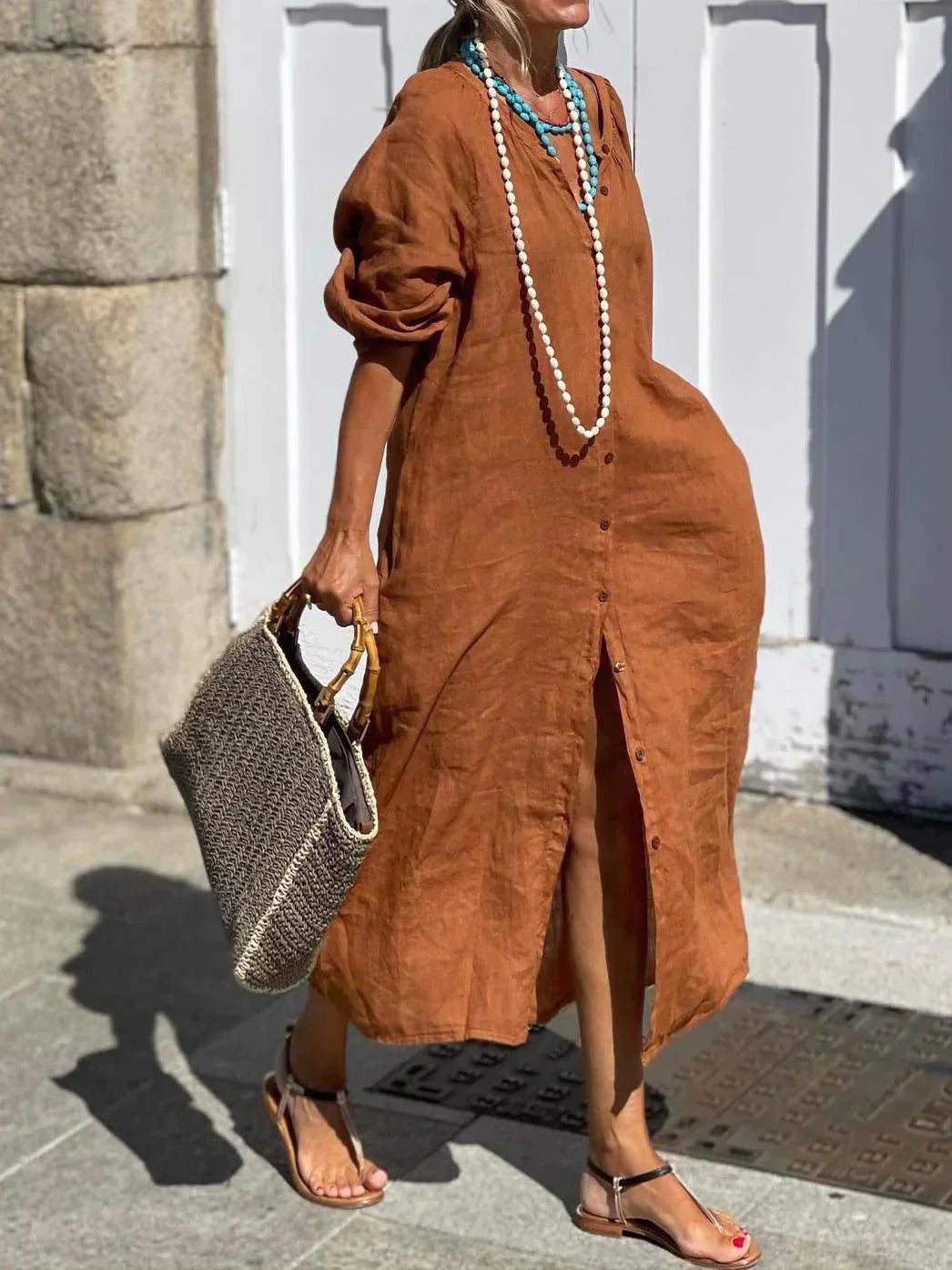Linen Dress - Casual Long Sleeve Button-Up Maxi Shirt Dress-Fashion Nora