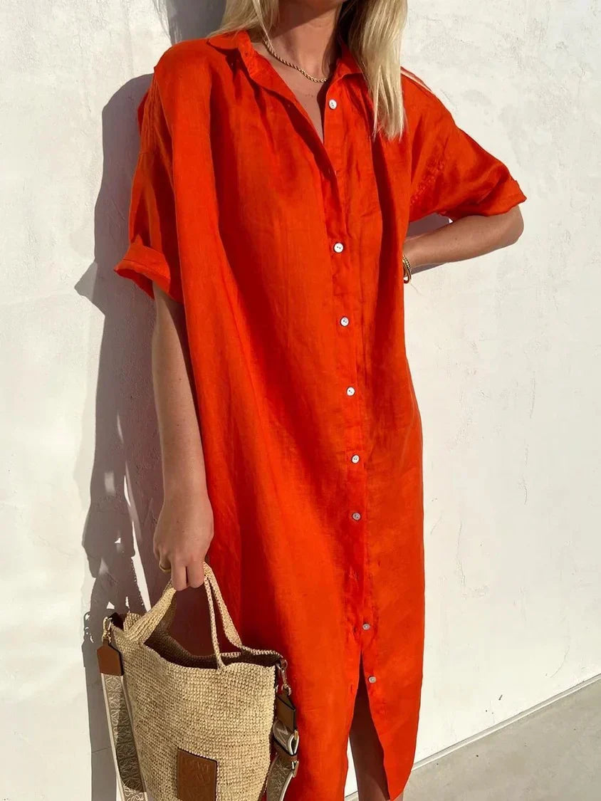 Linen Dress - Women's Collared Short Sleeve Button-Up Shirt Dress-Fashion Nora