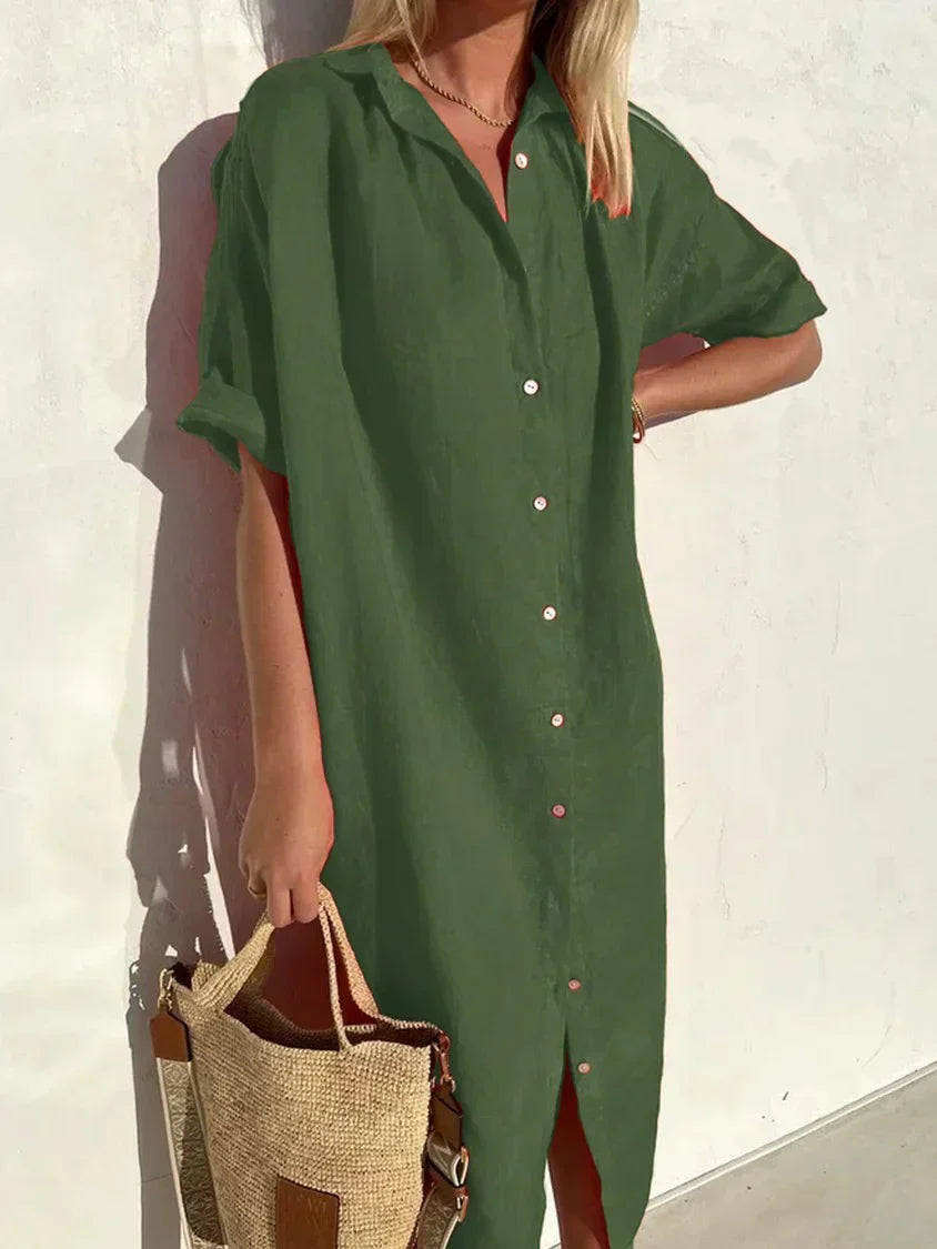 Linen Dress - Women's Collared Short Sleeve Button-Up Shirt Dress-Fashion Nora