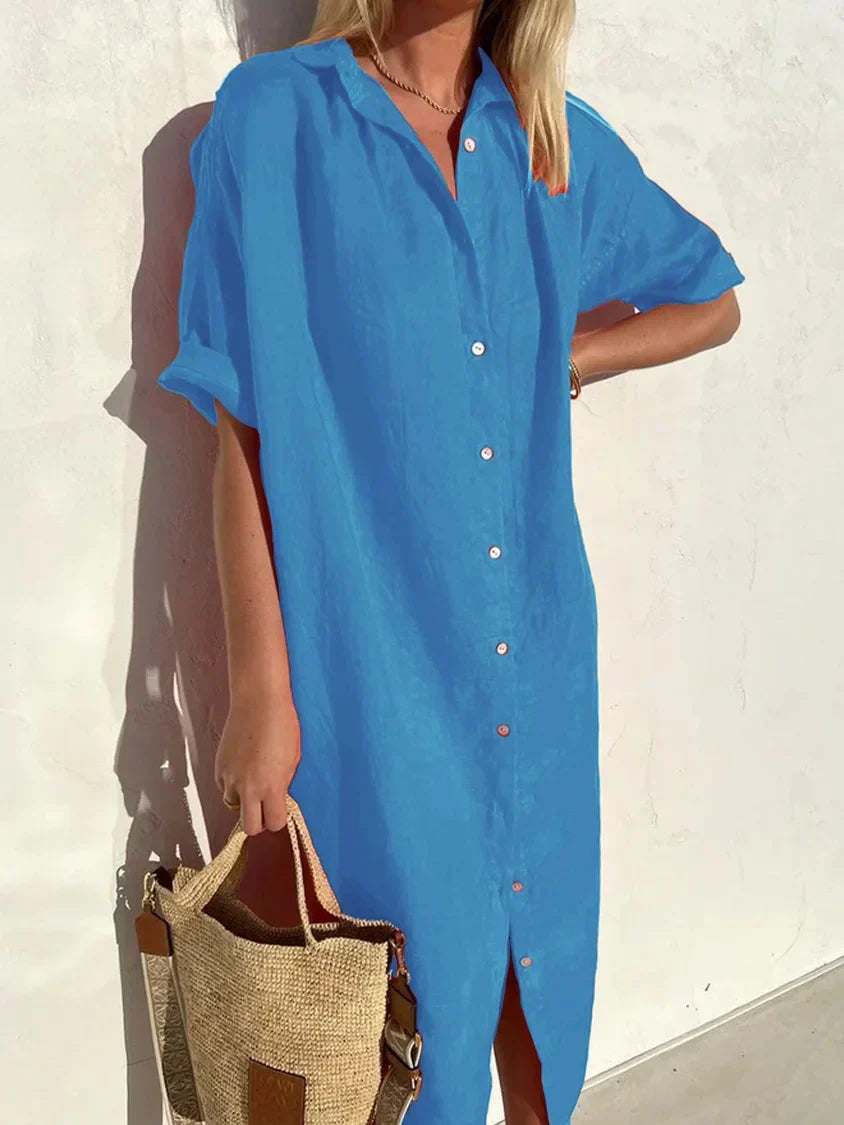 Linen Dress - Women's Collared Short Sleeve Button-Up Shirt Dress-Fashion Nora
