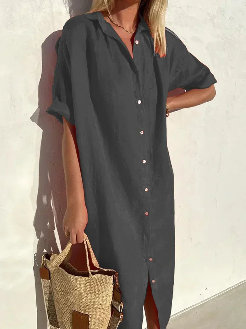 Linen Dress - Women's Collared Short Sleeve Button-Up Shirt Dress-Fashion Nora
