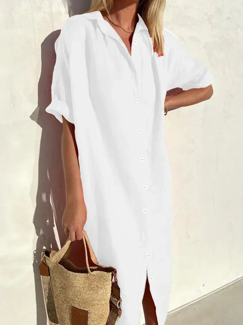 Linen Dress - Women's Collared Short Sleeve Button-Up Shirt Dress-Fashion Nora