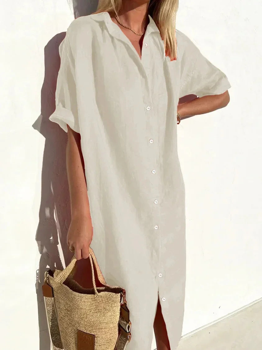 Linen Dress - Women's Collared Short Sleeve Button-Up Shirt Dress-Fashion Nora