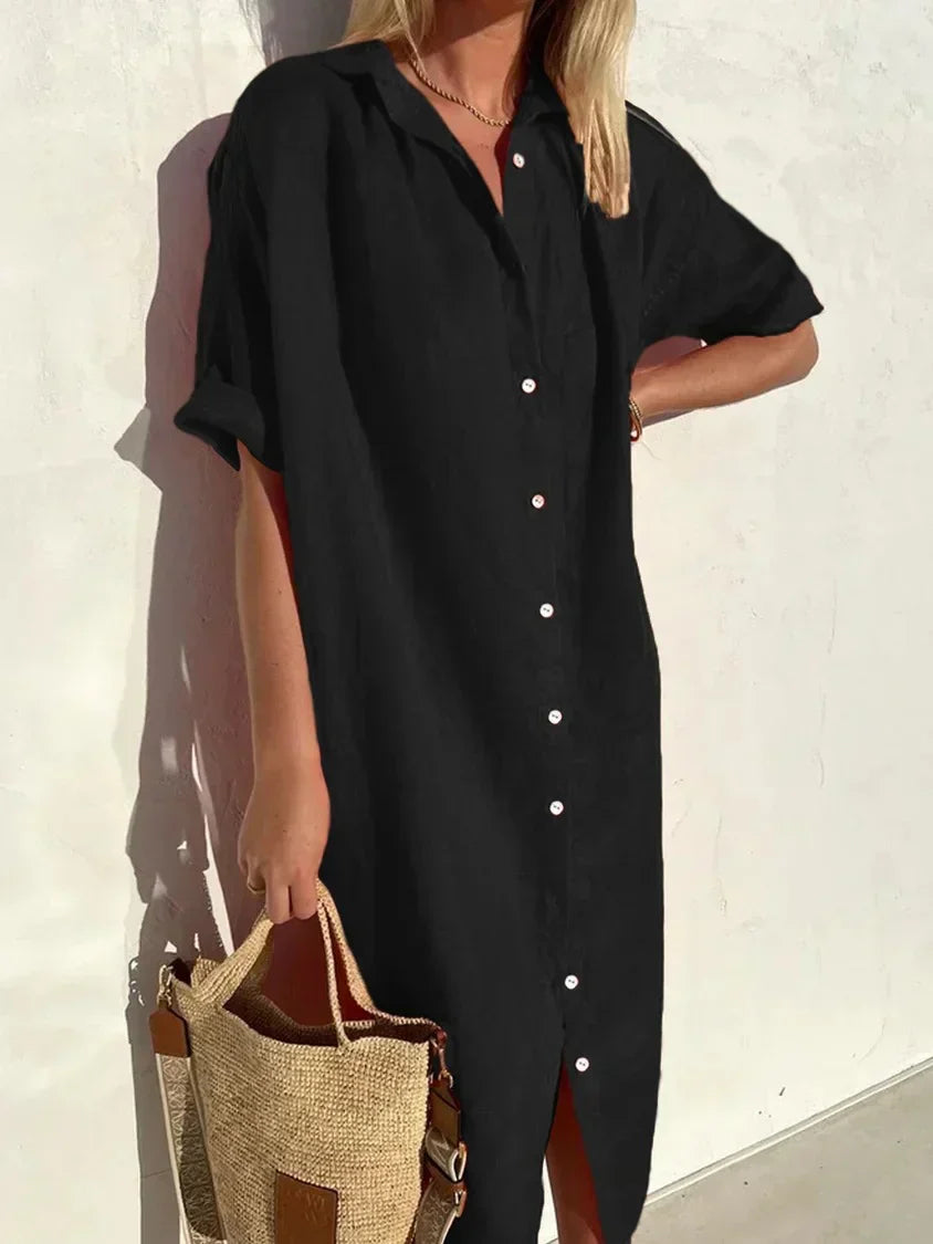 Linen Dress - Women's Collared Short Sleeve Button-Up Shirt Dress-Fashion Nora