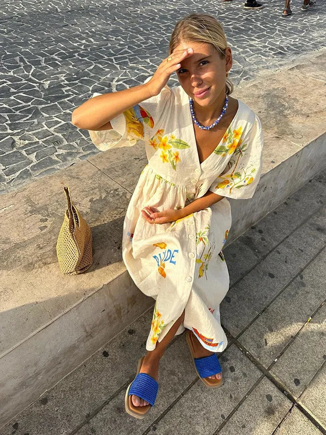 Linen Dress - Women's Loose Fit Button-Up Midi Summer Dress-Fashion Nora