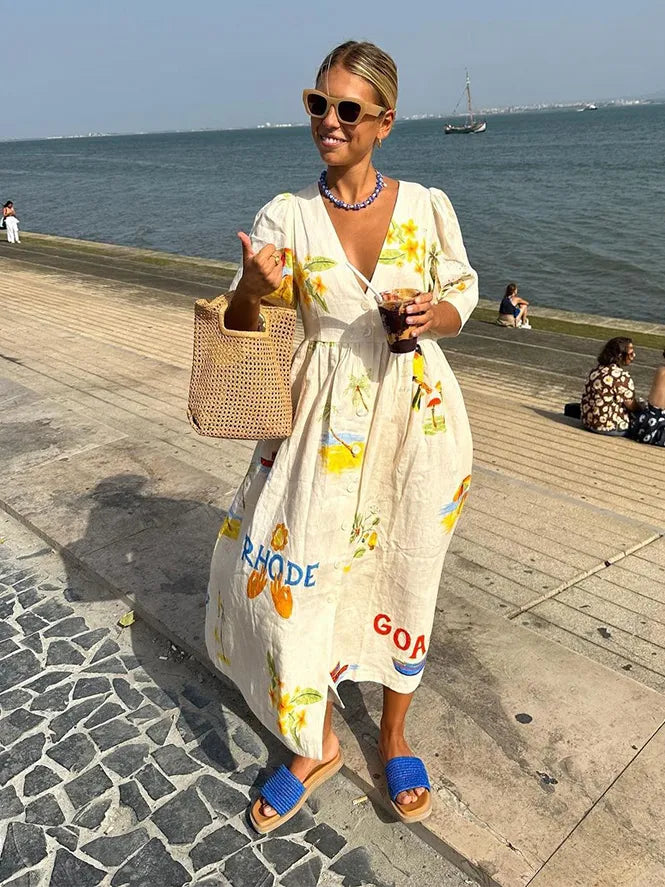 Linen Dress - Women's Loose Fit Button-Up Midi Summer Dress-Fashion Nora