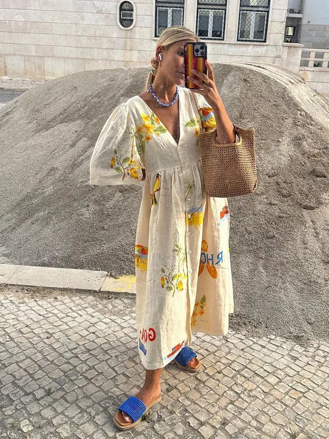 Linen Dress - Women's Loose Fit Button-Up Midi Summer Dress-Fashion Nora