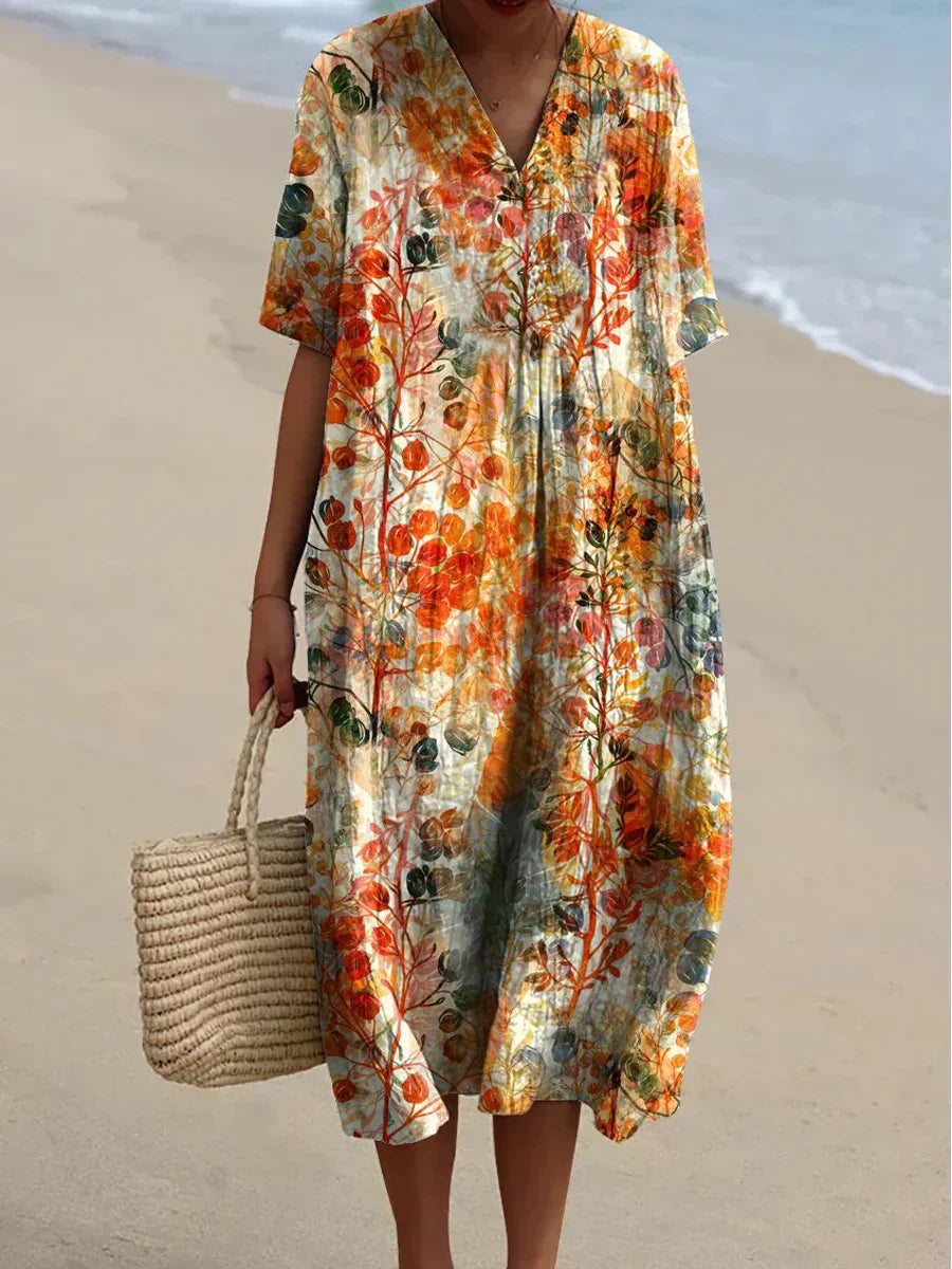 Linen Dress - Women's Short Sleeve Loose Fit Floral Midi Summer Dress-Fashion Nora