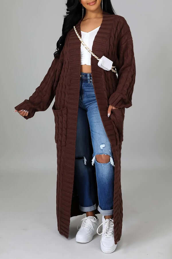 Long Cardigan | Open Front | Pocket | Knitted Cardigan | Long Cardigans for Women-Fashion Nora