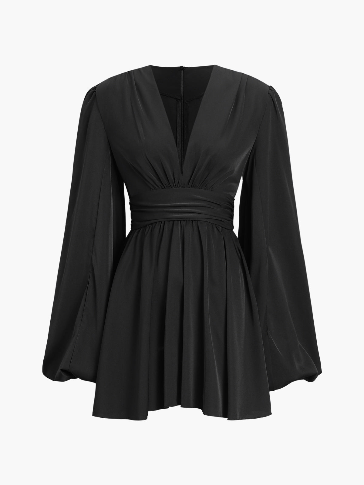 Long Sleeve Dress | Black | Deep V-Neck | Pleated Dress | Mini Dress-Fashion Nora