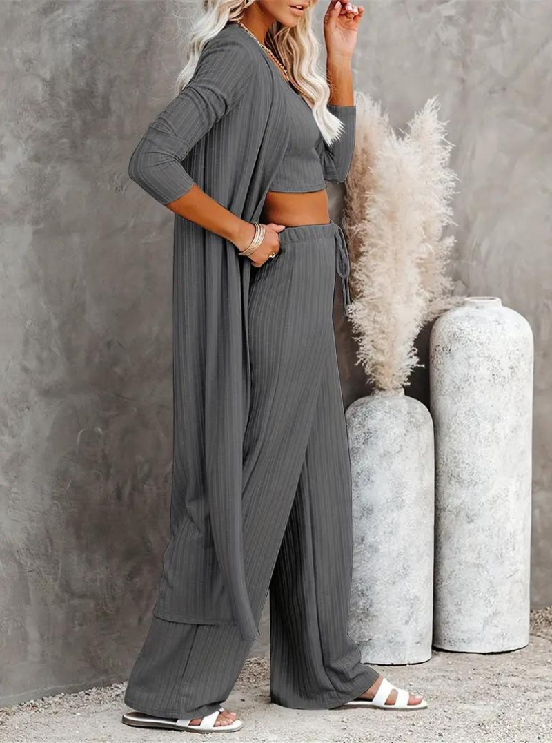Loungewear Set, Ribbed, Three Piece, Lounge Set, Matching Set-Fashion Nora