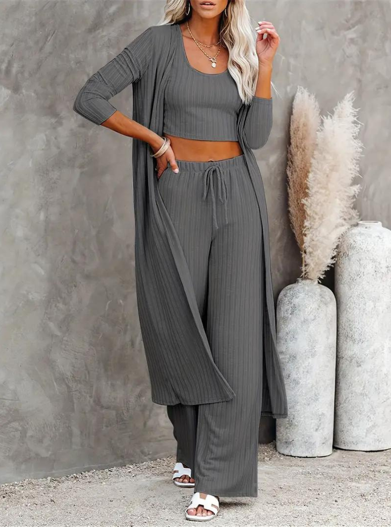Loungewear Set, Ribbed, Three Piece, Lounge Set, Matching Set-Fashion Nora