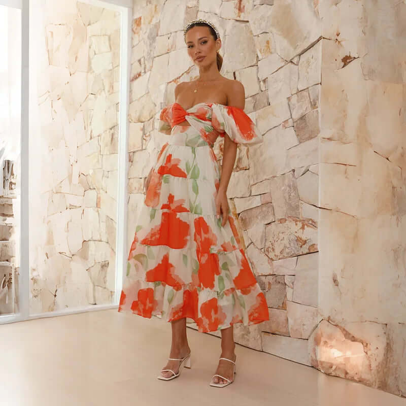 Maxi Dress | Floral | Puff Sleeve | Off-Shoulder Dress | Maxi Sundress-Fashion Nora