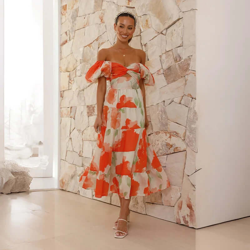 Maxi Dress | Floral | Puff Sleeve | Off-Shoulder Dress | Maxi Sundress-Fashion Nora