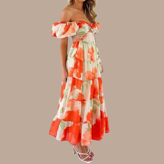 Maxi Dress | Floral | Puff Sleeve | Off-Shoulder Dress | Maxi Sundress-Fashion Nora