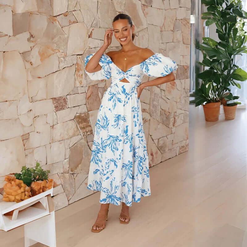 Maxi Dress | Floral | Puff Sleeve | Off-Shoulder Dress | Maxi Sundress-Fashion Nora
