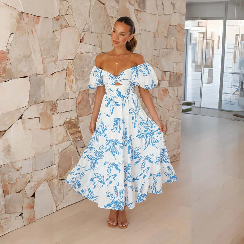 Maxi Dress | Floral | Puff Sleeve | Off-Shoulder Dress | Maxi Sundress-Fashion Nora
