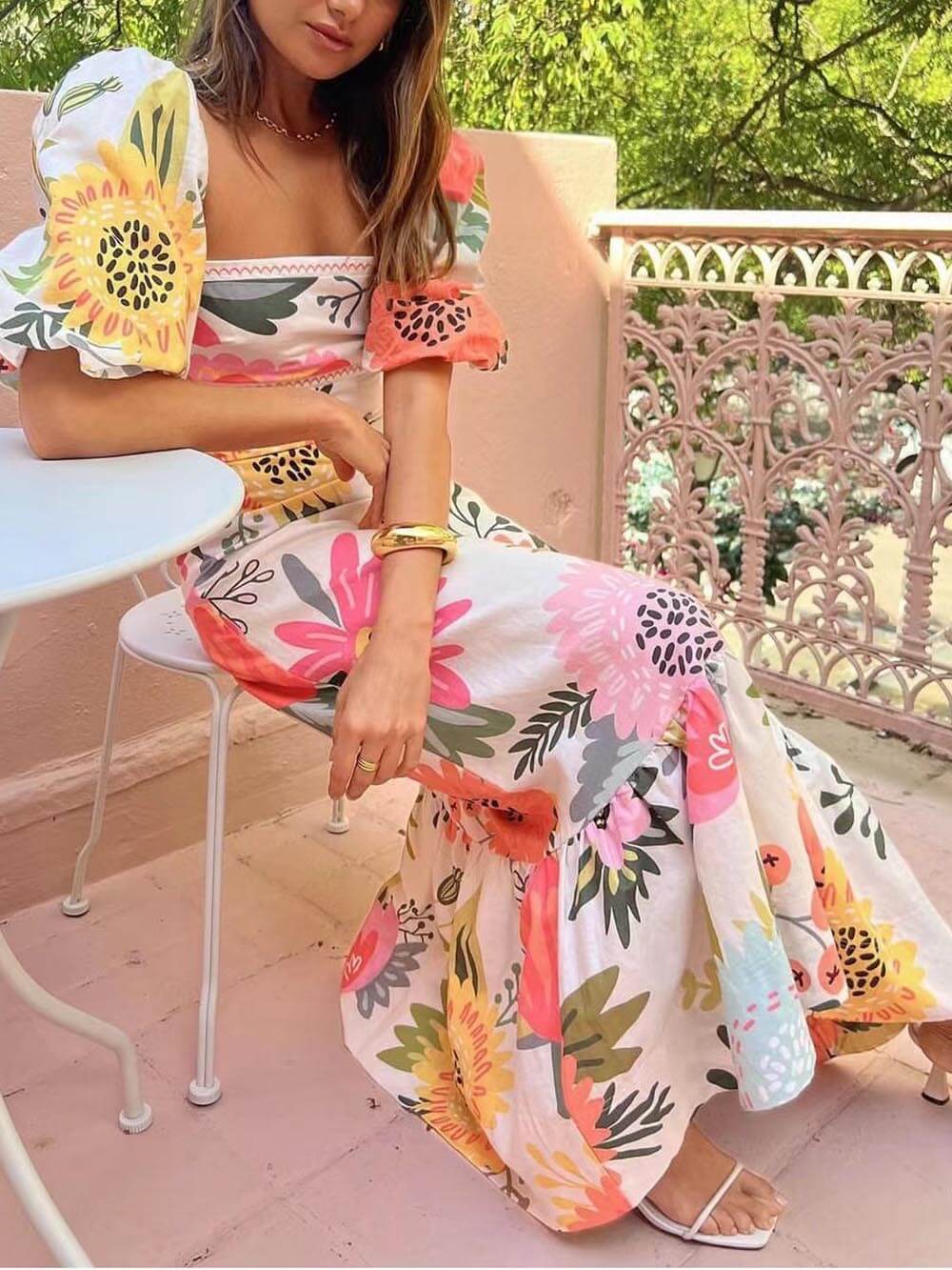 Maxi Dress - Puff Sleeve - Linen - Floral Dress - Maxi Sundress-Fashion Nora